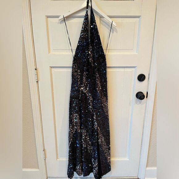 NWT Free People Glitter Blue and Black Sequin Velvet Halter Maxi Slit Gown - Picture 2 of 5